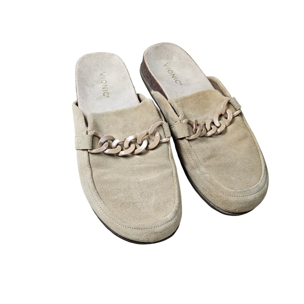 Vionic Georgie Suede Tan Slip On Clogs Open Back Mules Womens Size 9 Beige